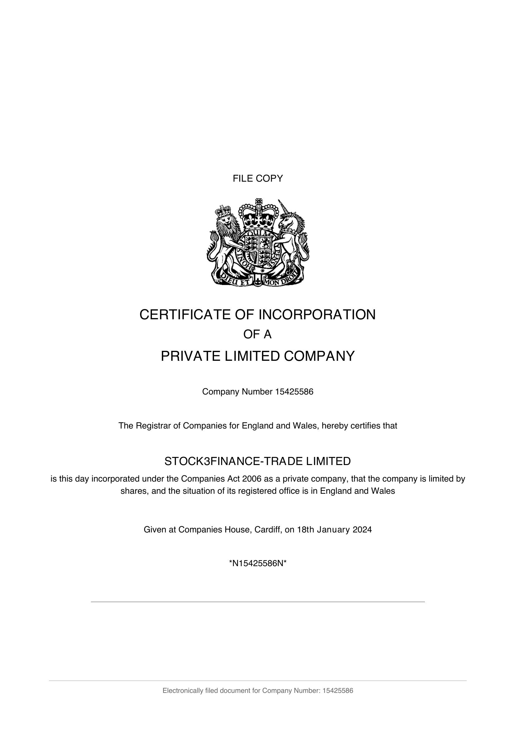 Stock3 Finance Trade Certificate of Incorporation - page 1